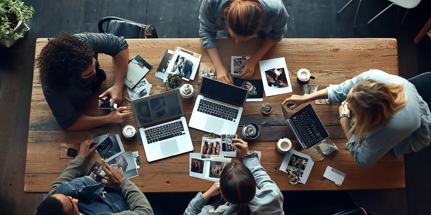 Trabajadores de una agencia de marketing digital Integral sentados en una mesa de trabajo